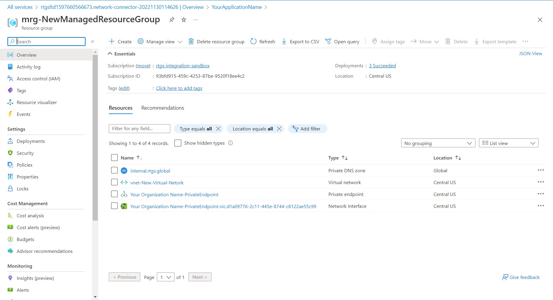Image showing the components of the RTGS.global Network Connector in the Azure portal